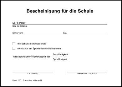 Bescheinigung für die Schule F127